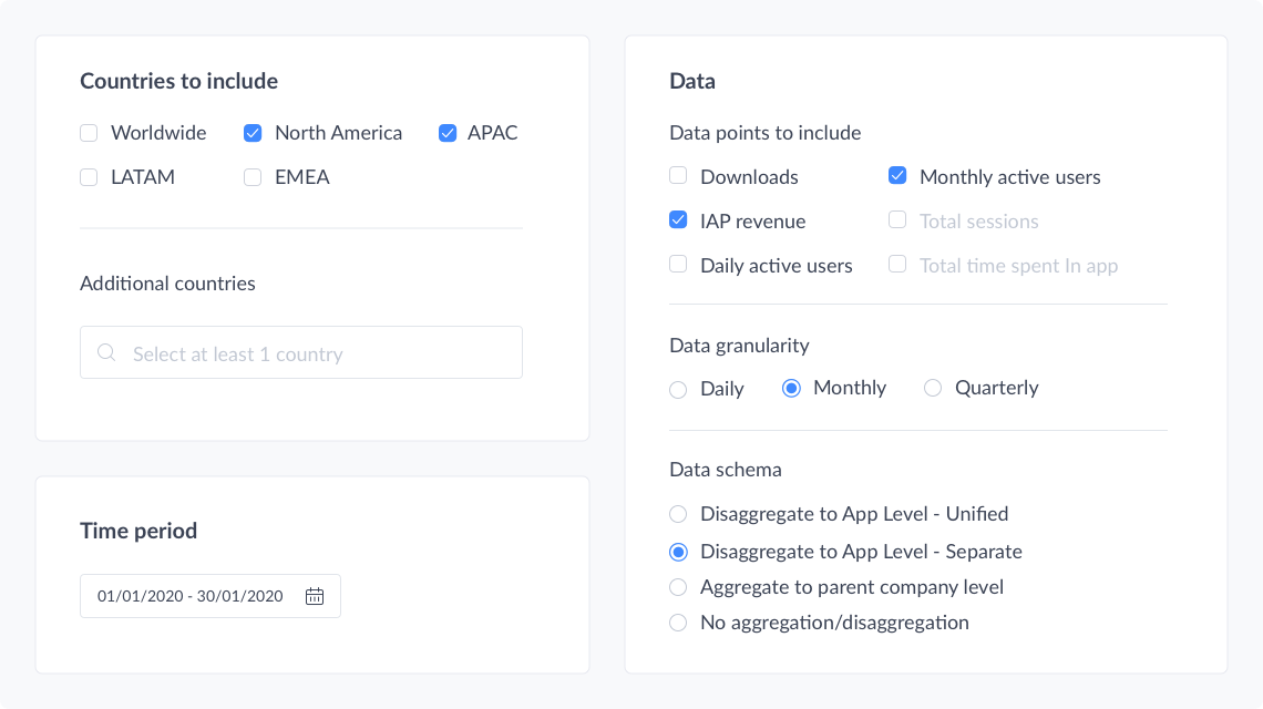 Custom export tool includes filters for country or region, time period, data points, and more